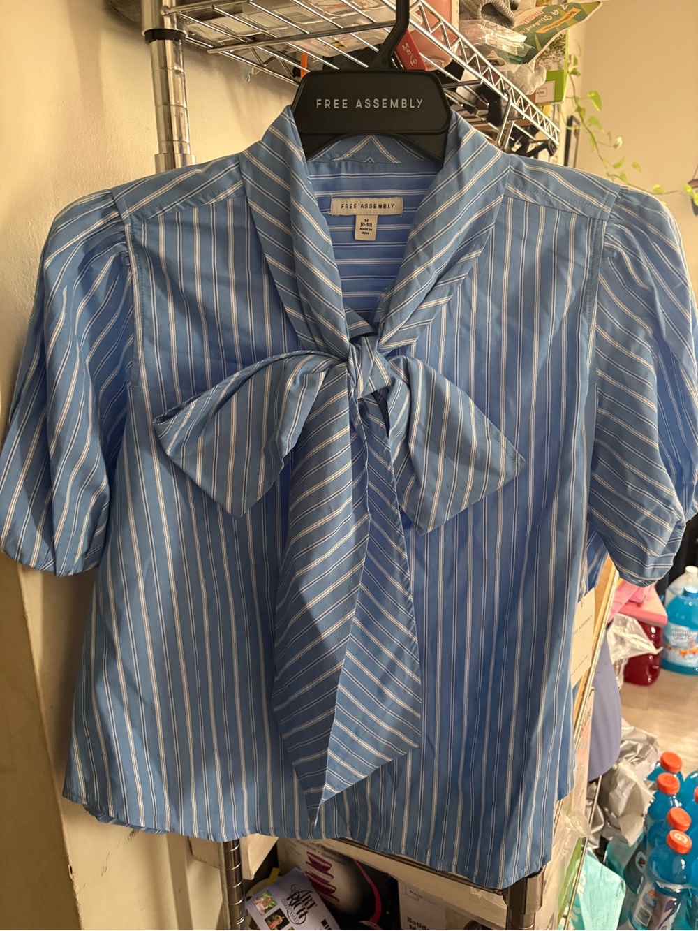 Free Assembly Blue Striped Bow-Tie Blouse